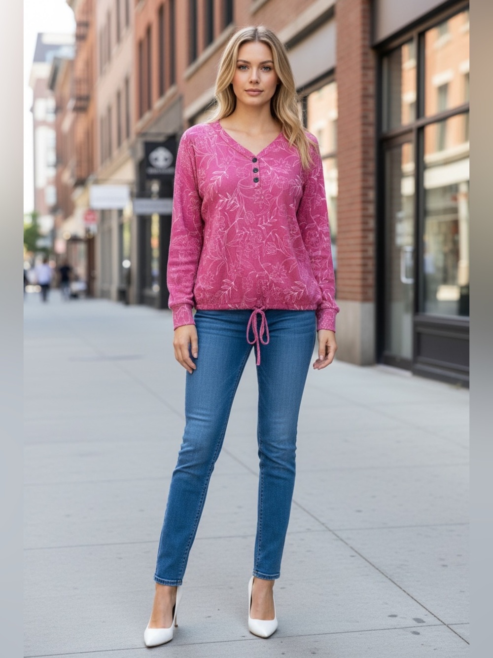 Lily Morgan, Pink Floral Henley Top Long Sleeve Stretch Drawstring Hem, Small